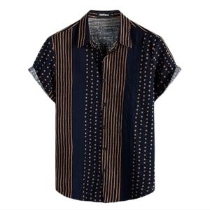 Vatpave Shirt Button Down Short Sleeve  Mens Polka dot and Stripe Navy Size M